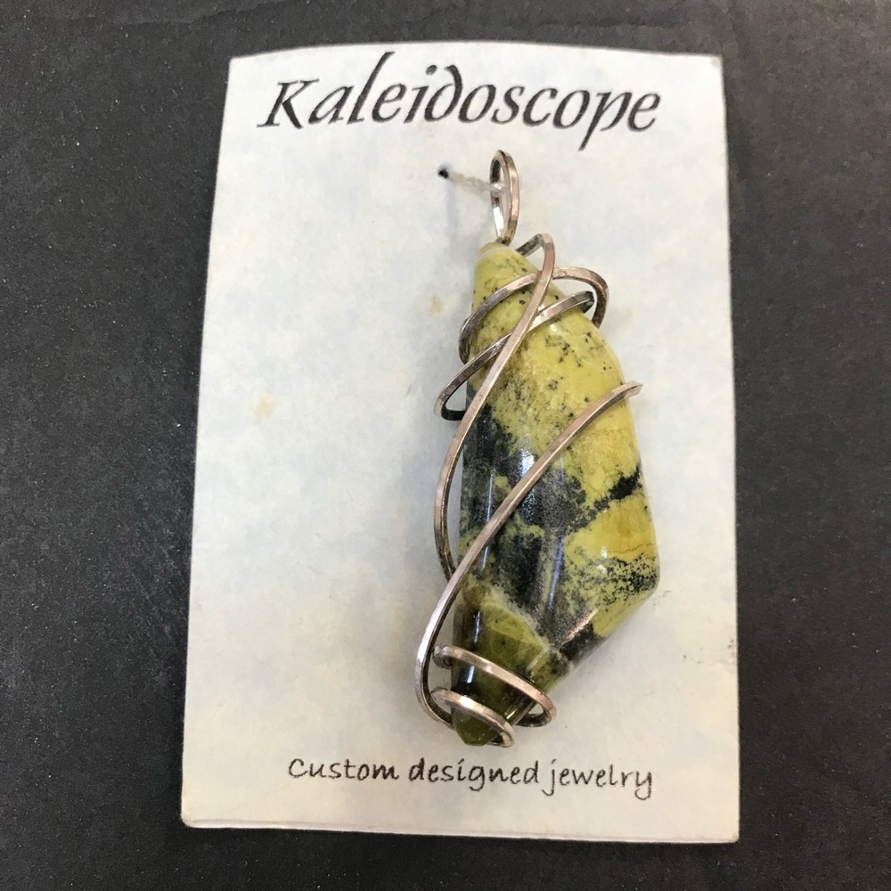 NEW - Sterling Silver Wrapped Yellow Green Jasper ? Stone Pendant Large Artisan